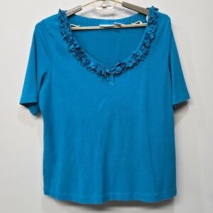 Soft Surroundings Shirt Knitwear Top Plus Size 2X Blue Ribbed Unique Artsy‎ Boho